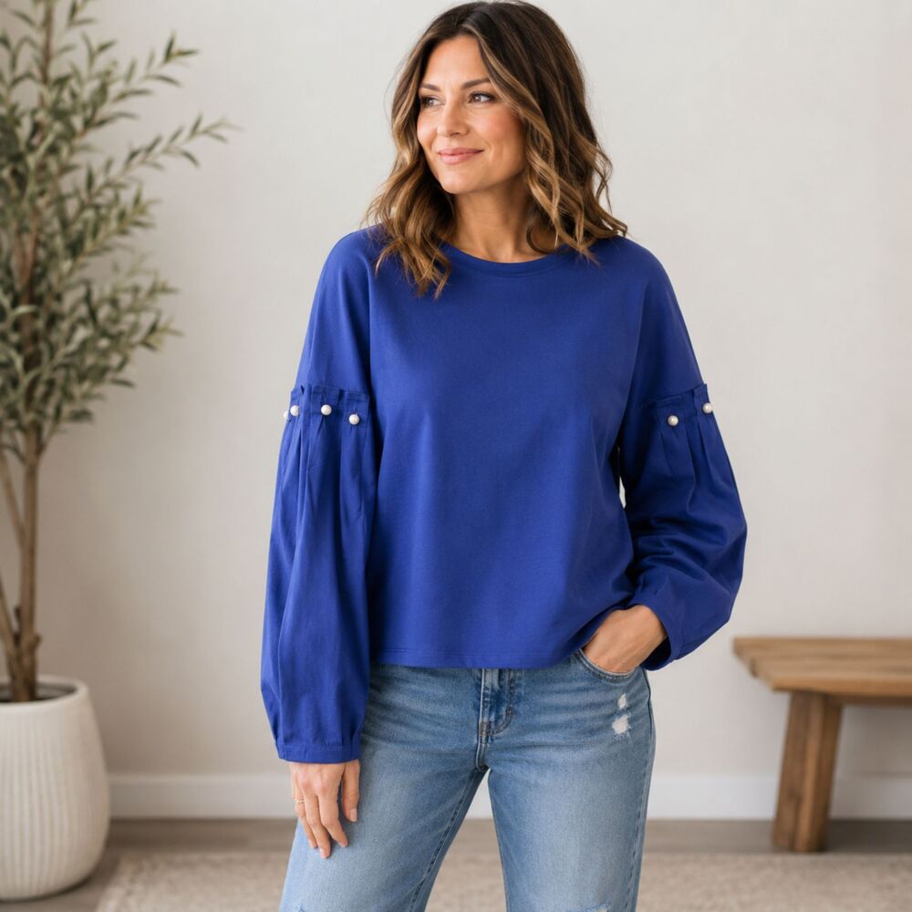 Amaryllis Blue Top Statement Sleeves Pearls NEW NWT Casual Lounge Cozy